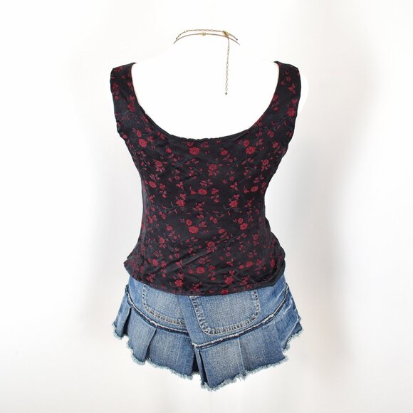 Vintage 00s Y2K Ann Taylor Black & Red Floral Jacquard Boat Neck Tank Top Size 6 - Picture 3 of 6